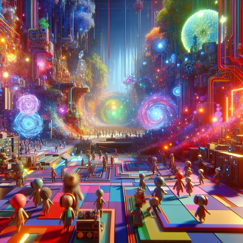 Colorful digital landscape with animated characters and interactive elements.