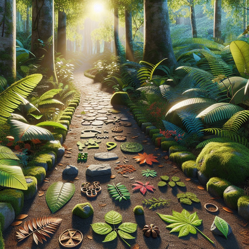 A forest trail with various plants and educational game items.