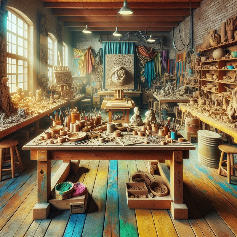 Workspace with clay, sculpting tools, and a sculpture on a table.
