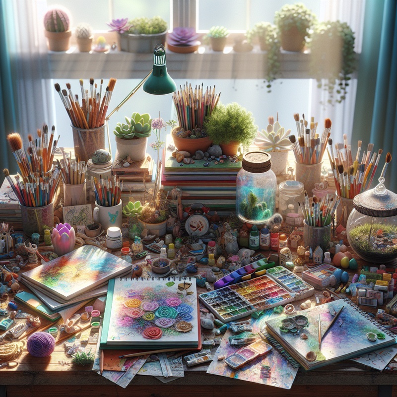 A child's desk with colorful journals, art supplies, and nature elements in sunlight.