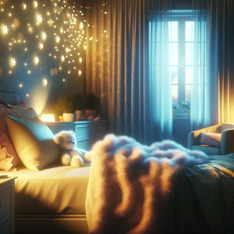 A peaceful child's bedroom with soft lighting and cozy bedding.