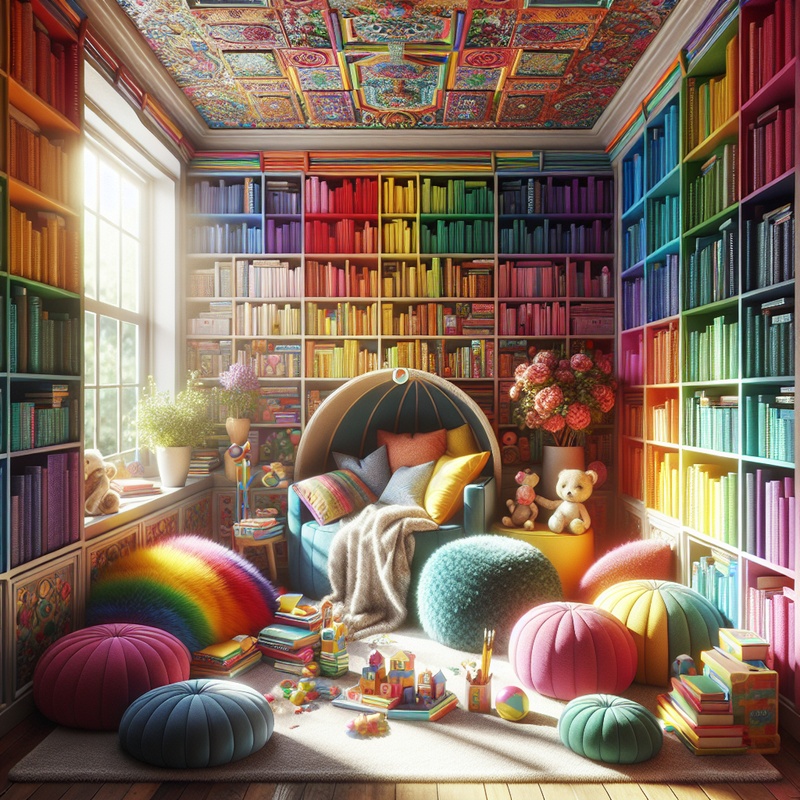 A bright reading nook with books, cushions, and toys in a well-lit room.