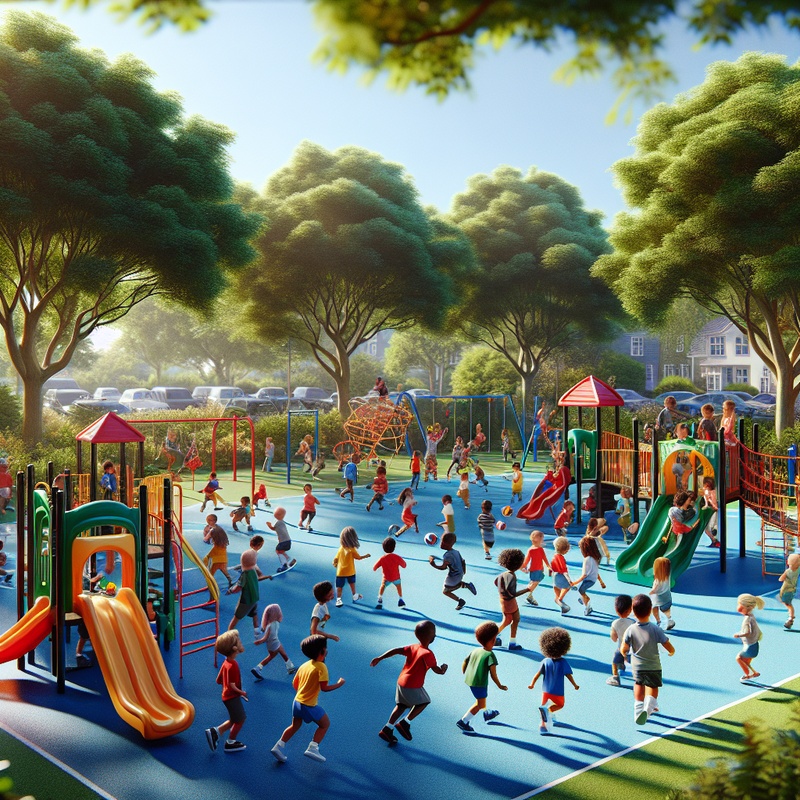 Children playing team games on a colorful playground with green surroundings.