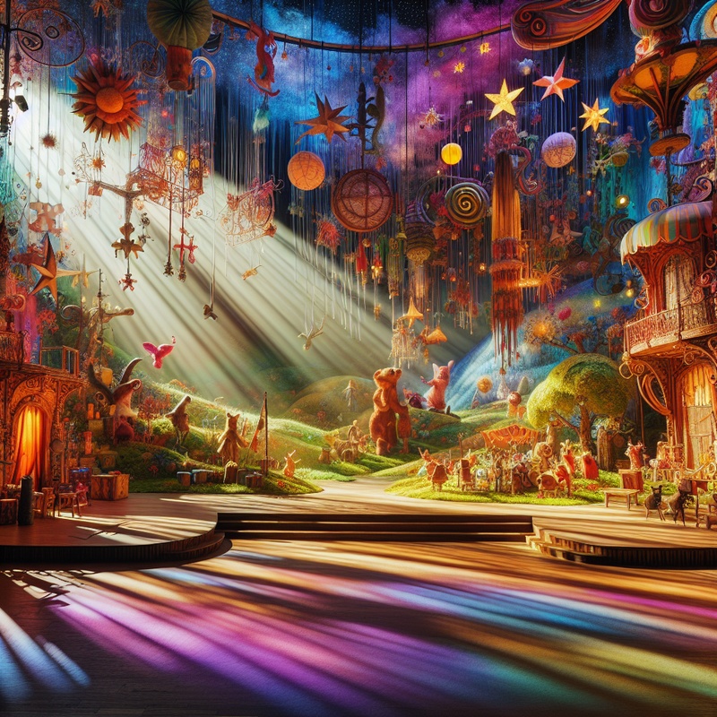 A colorful stage with props and lighting for children's acting.