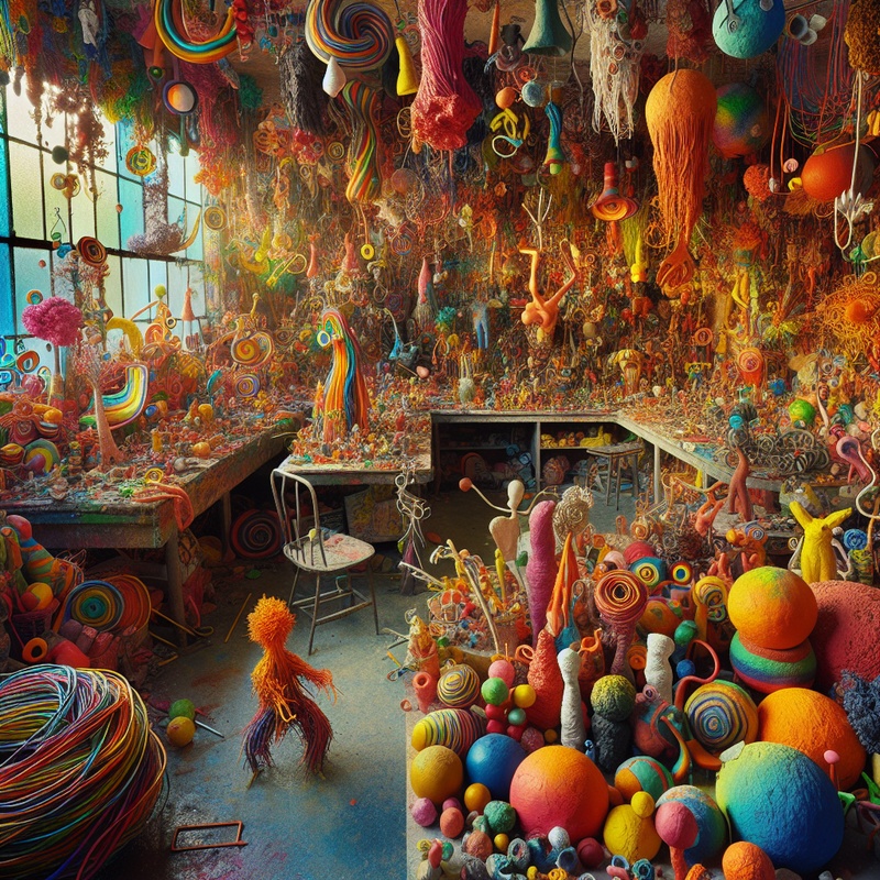 Child's art studio with various colorful sculptures.