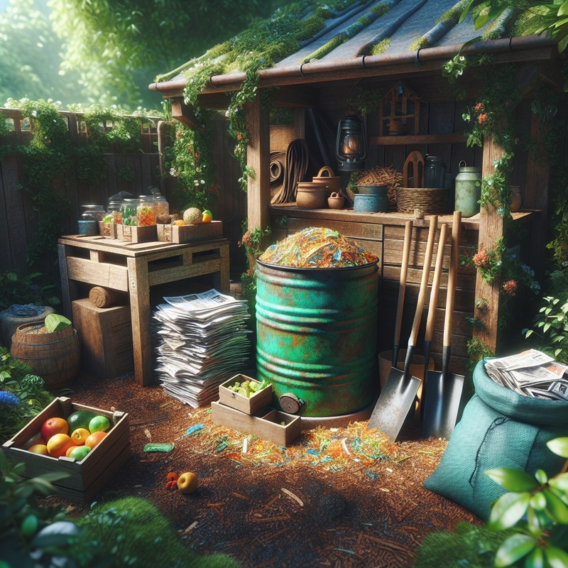 Compost bin in a backyard with garden tools and organic waste.
