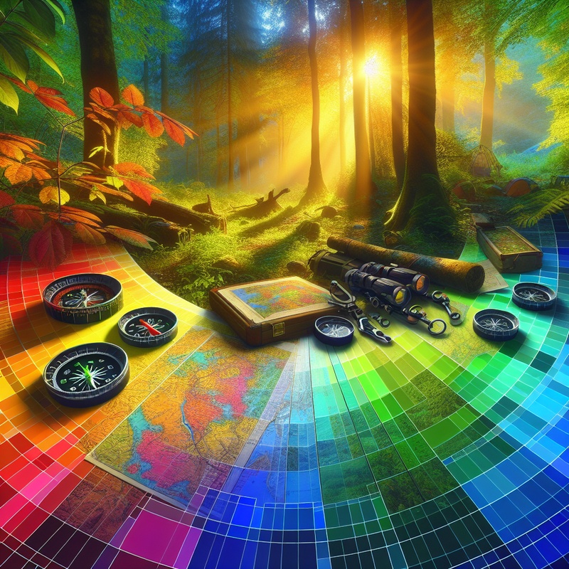 Forest floor with maps, compasses, and exploration tools.