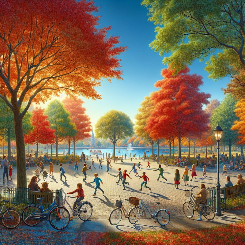 Children playing in a park with bicycles and autumn leaves.