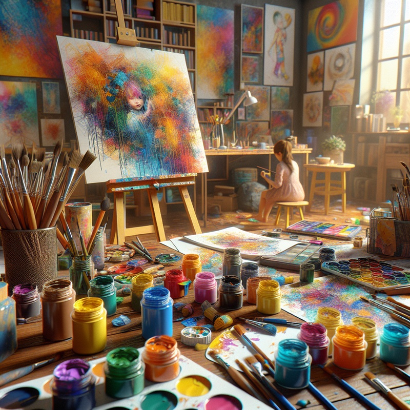 Art studio with paints, brushes, and a child's painting project.