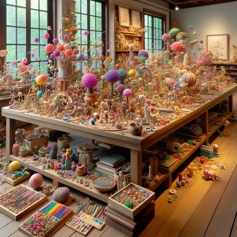 Various colorful sculptures made from clay, wire, and paper mache on a table with art tools.