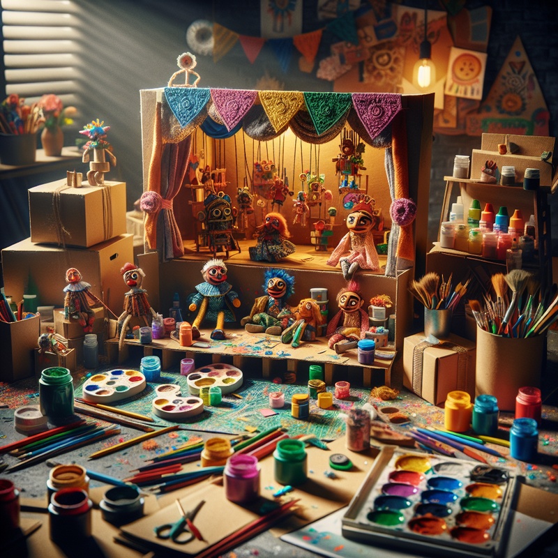 Colorful puppet theater with handmade puppets and art supplies.