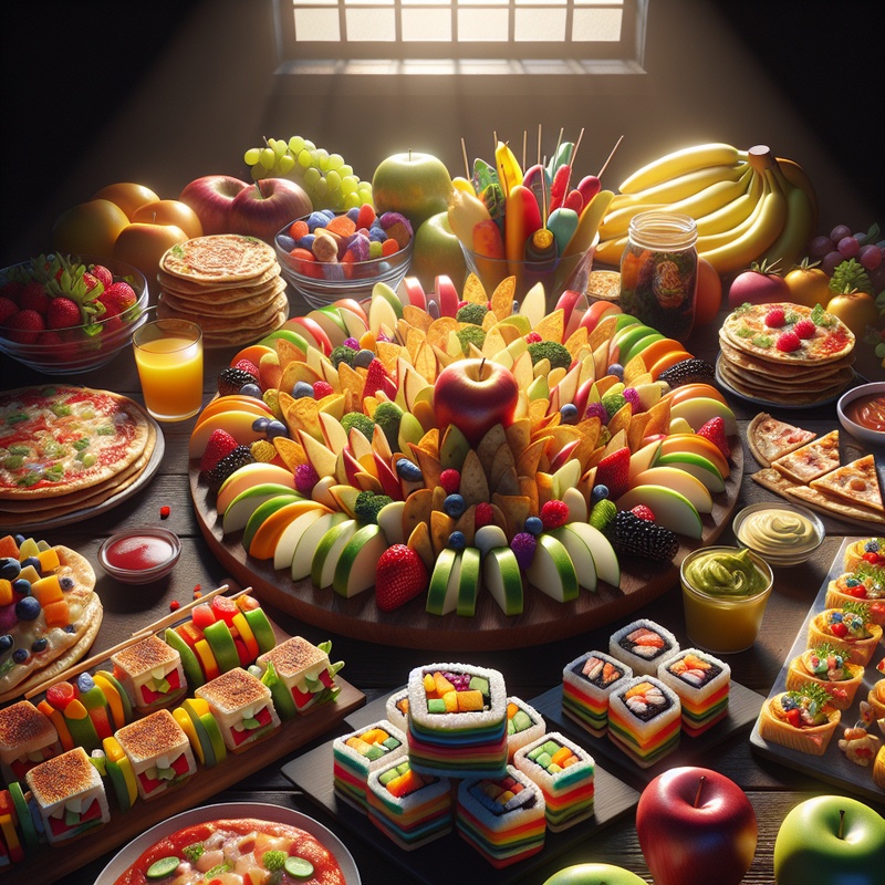 A variety of colorful, healthy snacks displayed on a wooden table.