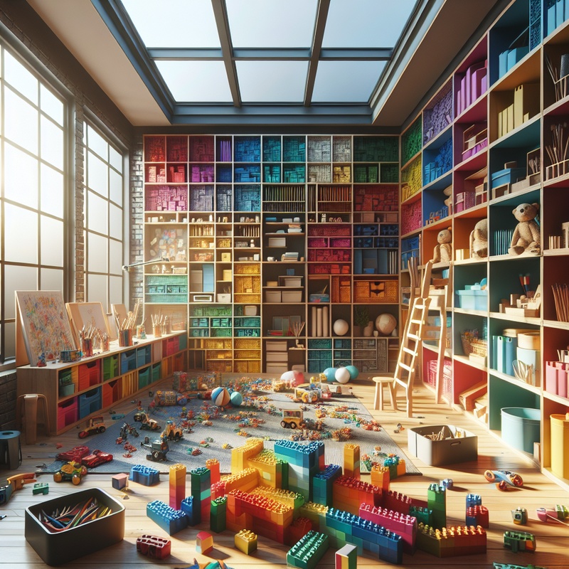 A bright playroom with toys and art supplies for group activities.