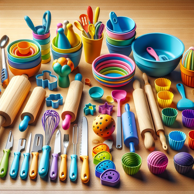 Various colorful kitchen tools for children on a wooden countertop.