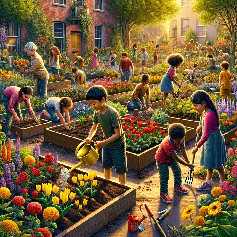 Children planting flowers in a community garden with colorful tools and blooming plants.