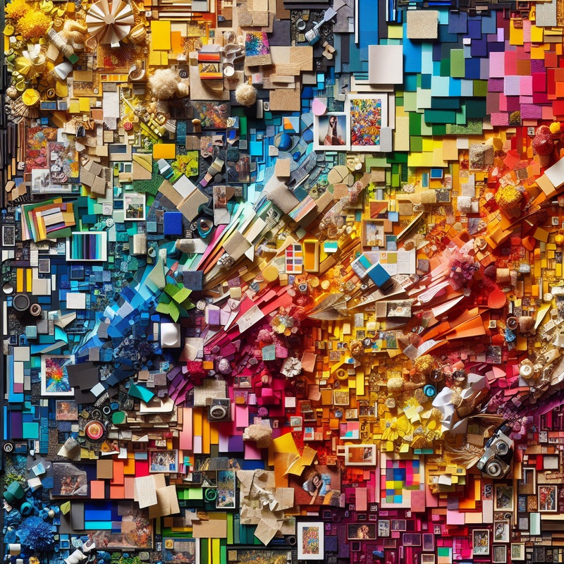 A colorful collage with paper, fabric, and photos on a canvas.