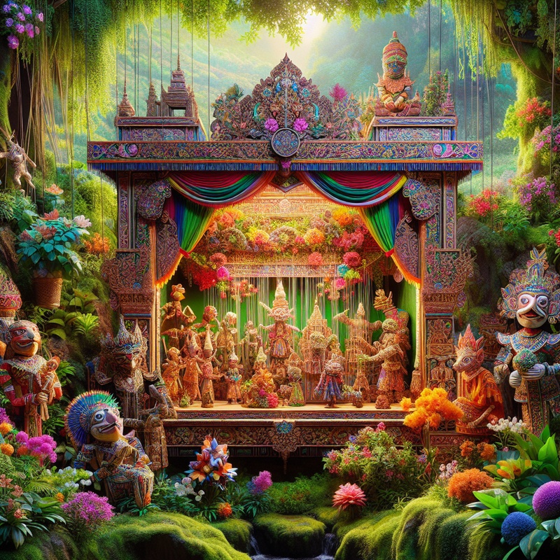 A puppet show stage with colorful puppets and a nature backdrop.