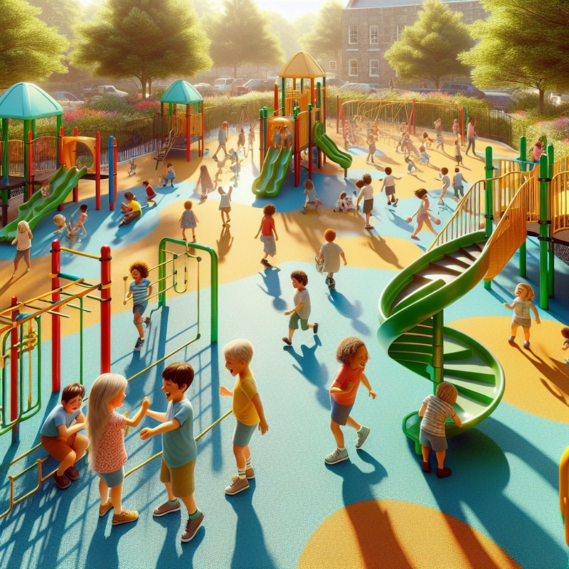 Children playing teamwork games in a bright playground with colorful equipment and green surroundings.