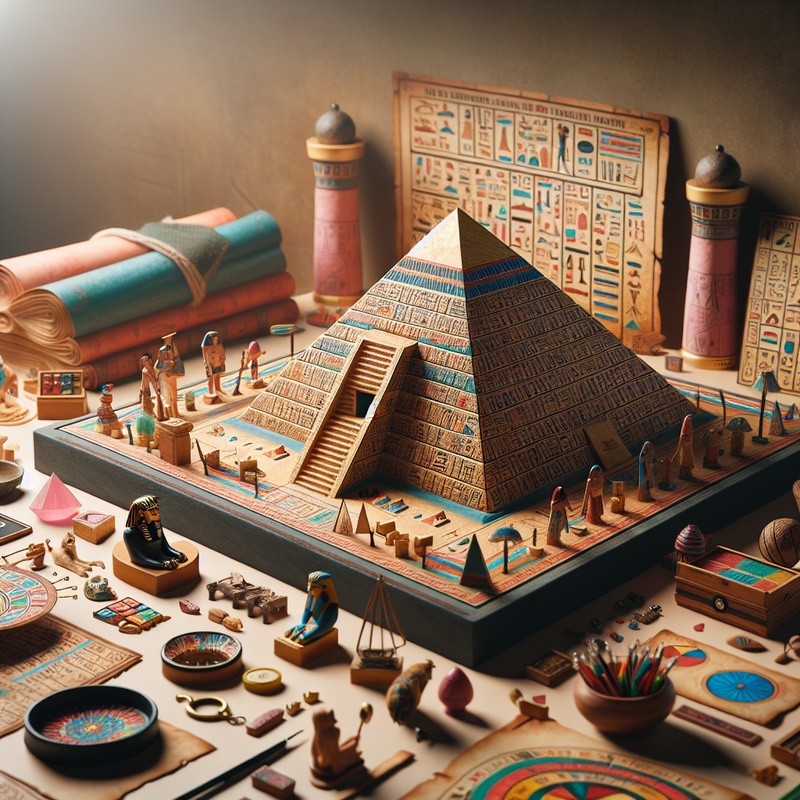 Model of an Egyptian pyramid with hieroglyphics and educational materials.