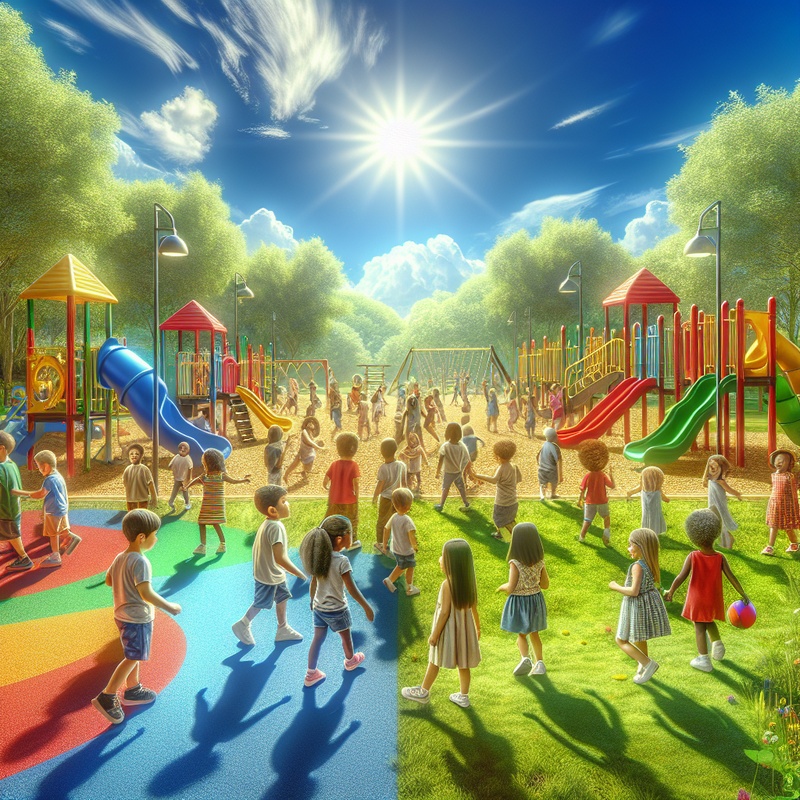 Playground with children playing games, colorful equipment, and greenery.