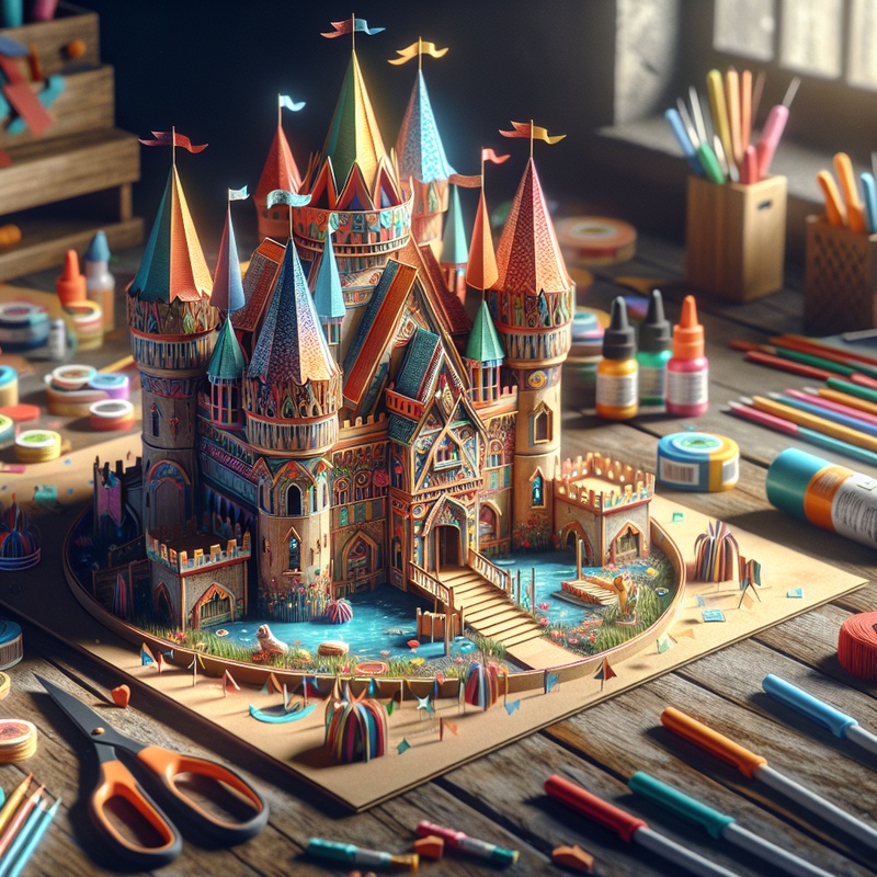 Colorful cardboard castle with crafting materials on a table.