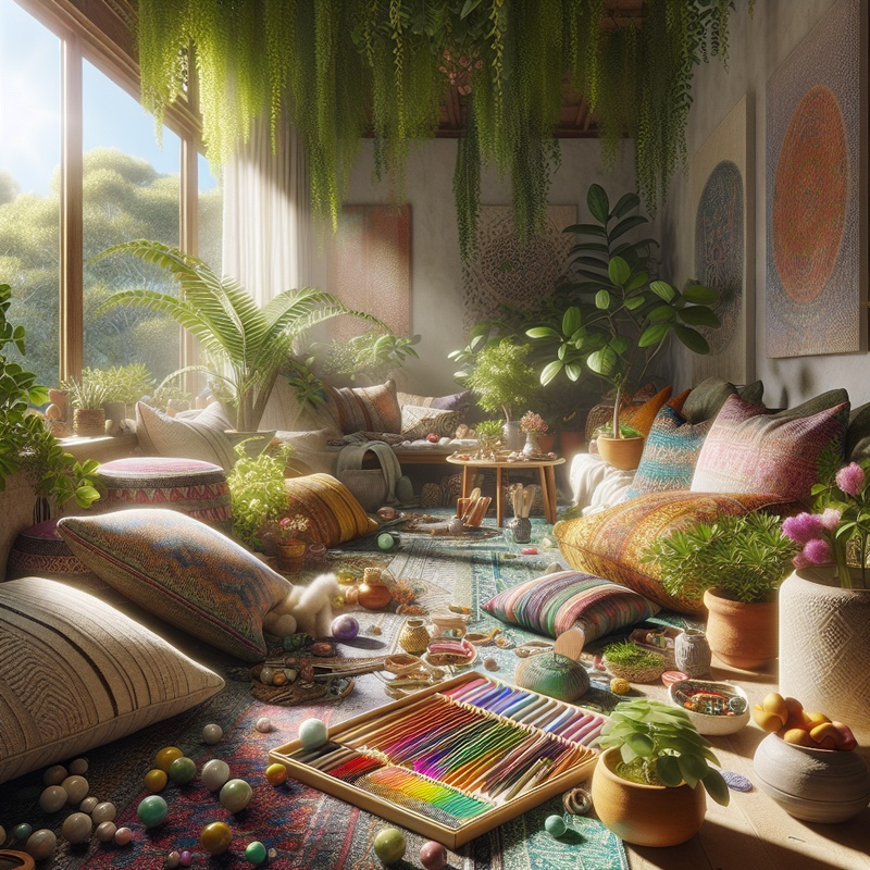 A peaceful room with cushions, art supplies, and plants for mindful play.