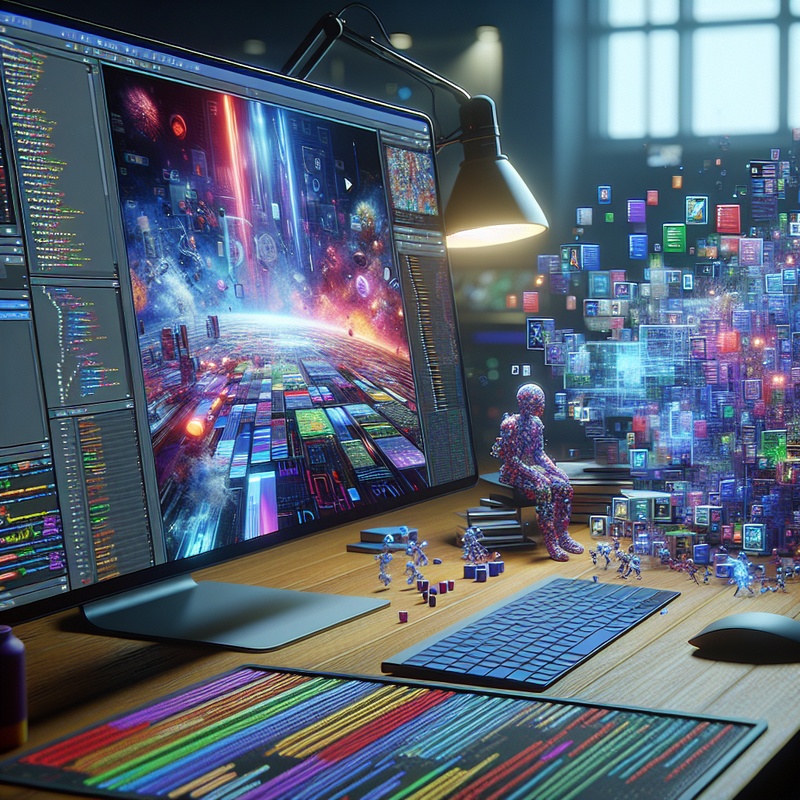 A computer screen displaying colorful coding blocks and animated characters in a digital workspace.