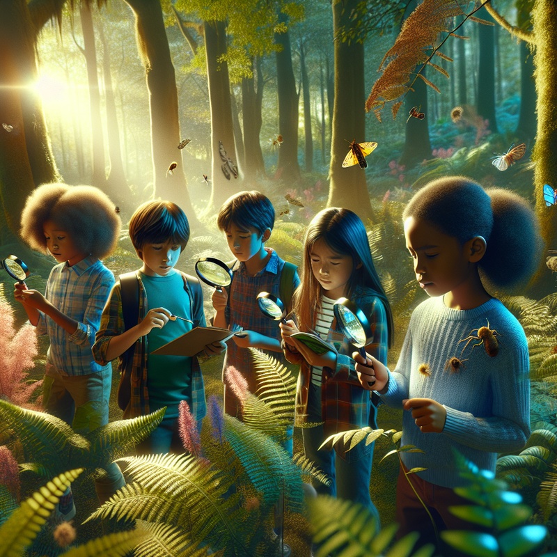 Children exploring a forest with magnifying glasses and field guides.