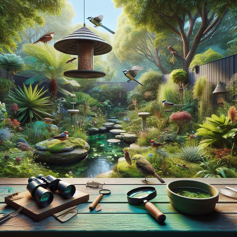 A vibrant backyard with native plants, a bird feeder, and a small water feature, with magnifying glasses and binoculars on a table.