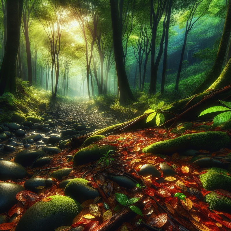A forest floor with leaves, stones, and twigs under sunlight.