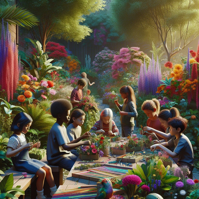 Children creating art with recycled materials in a garden full of flowers and greenery.