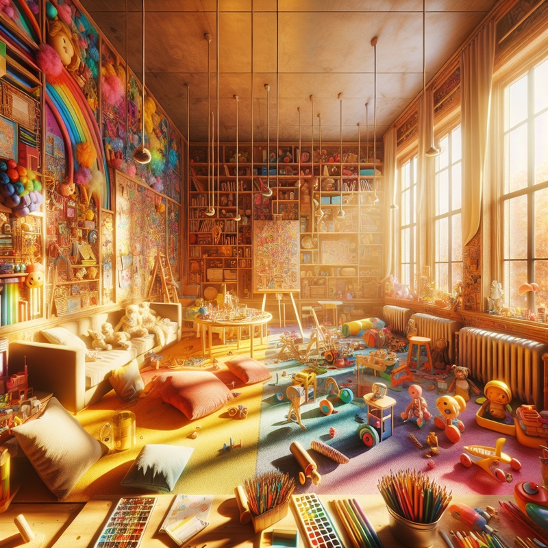 A colorful playroom with toys, art supplies, and reading nooks.