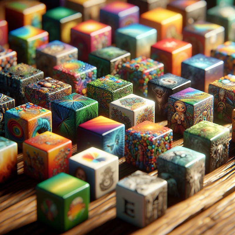 Colorful story cubes on a wooden table, each showing different images.