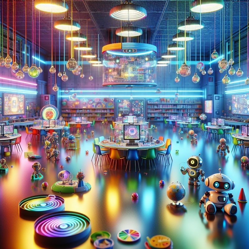A futuristic classroom with AI gadgets and educational tools.
