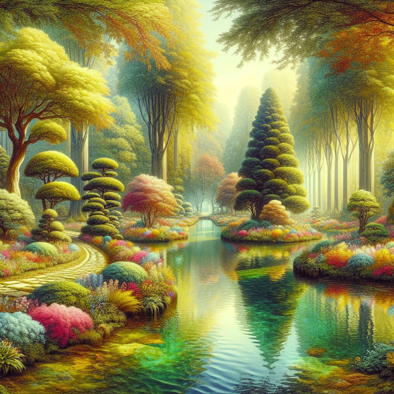 A park with various plants, flowers, trees, paths, and a pond.