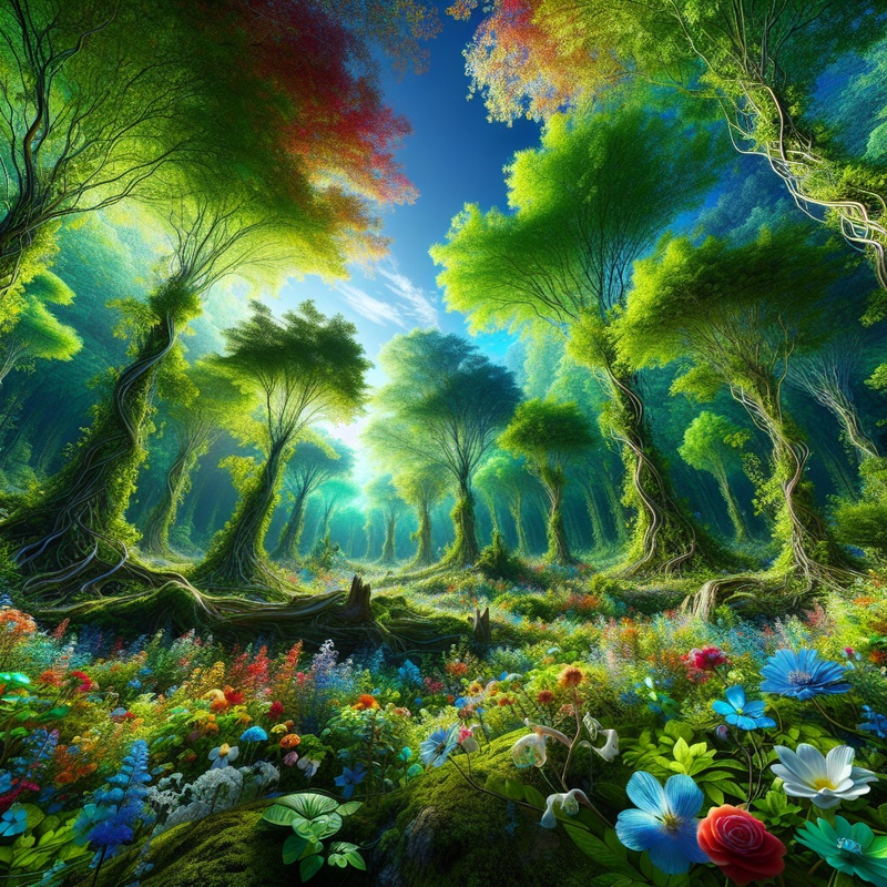 A vibrant forest scene with green trees and colorful flowers under a blue sky.