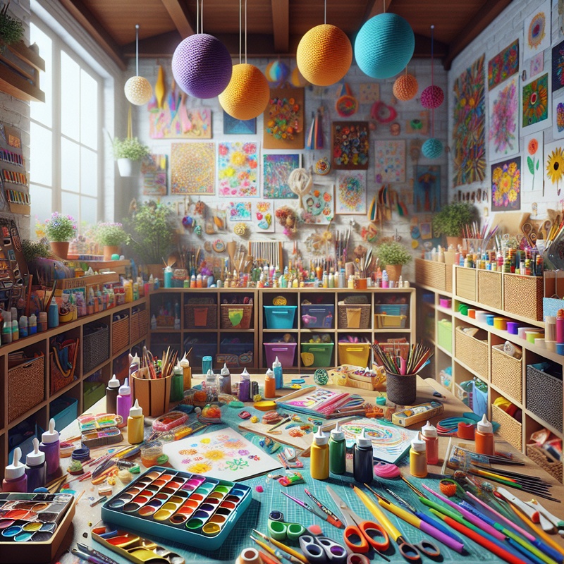 A colorful craft area with art supplies and finished projects on display.