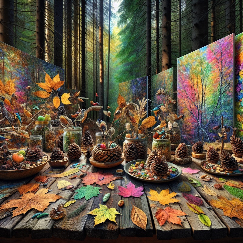 Forest scene with leaf rubbings, bird feeders, and natural dye paintings on a table.