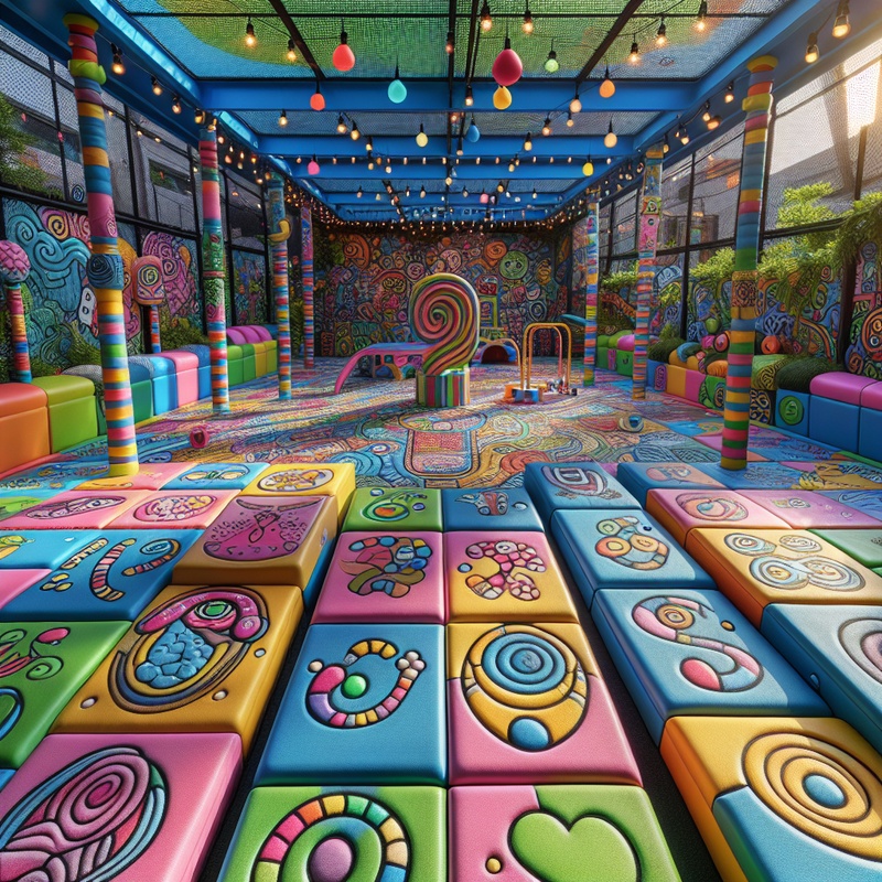 Colorful play area with decorations and soft mats for children's games.