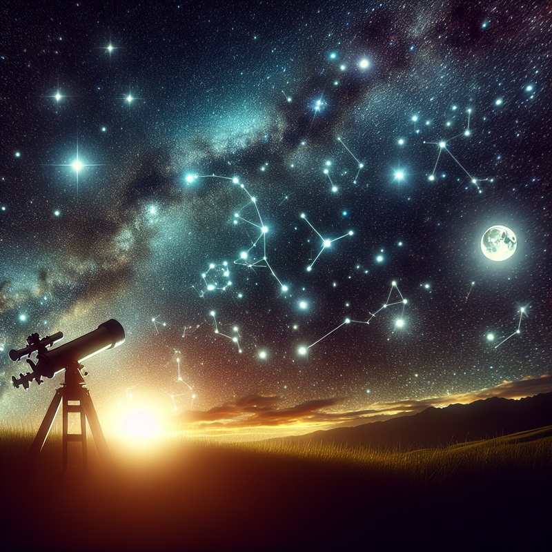 Night sky with stars, constellations, full moon, and a telescope silhouette.