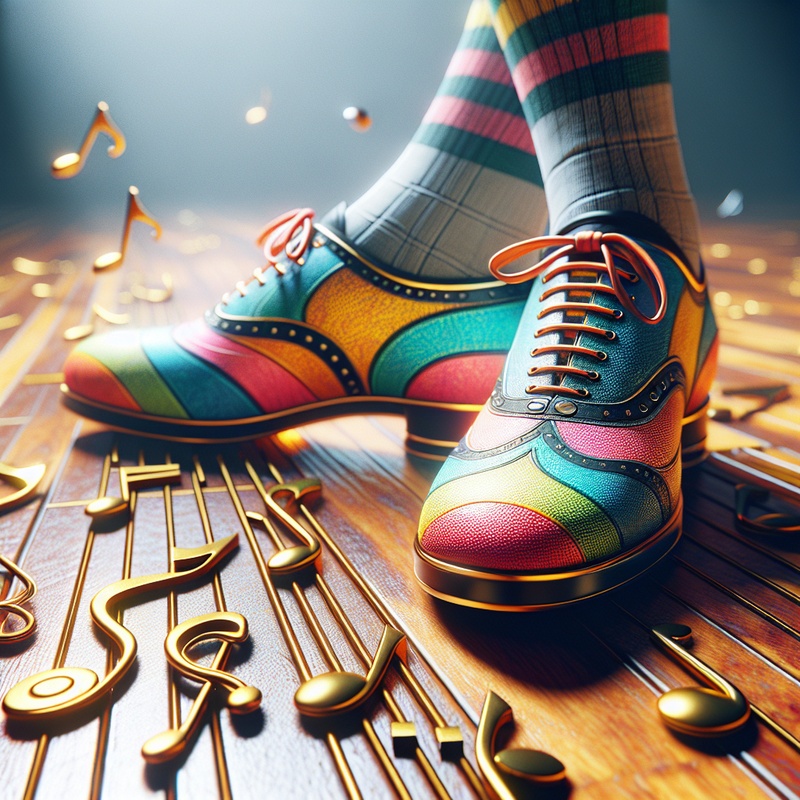 Colorful tap shoes on a wooden floor with music notes and patterns.