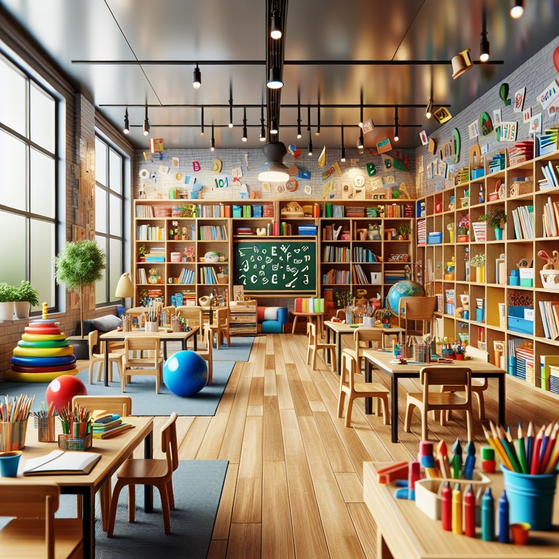 A colorful learning area with educational materials and art supplies.