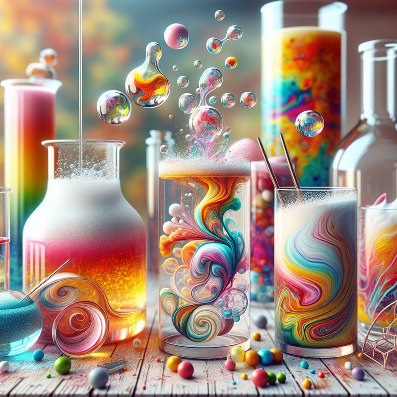 Colorful kitchen experiments with baking soda, vinegar, milk, food coloring, oil, and water.