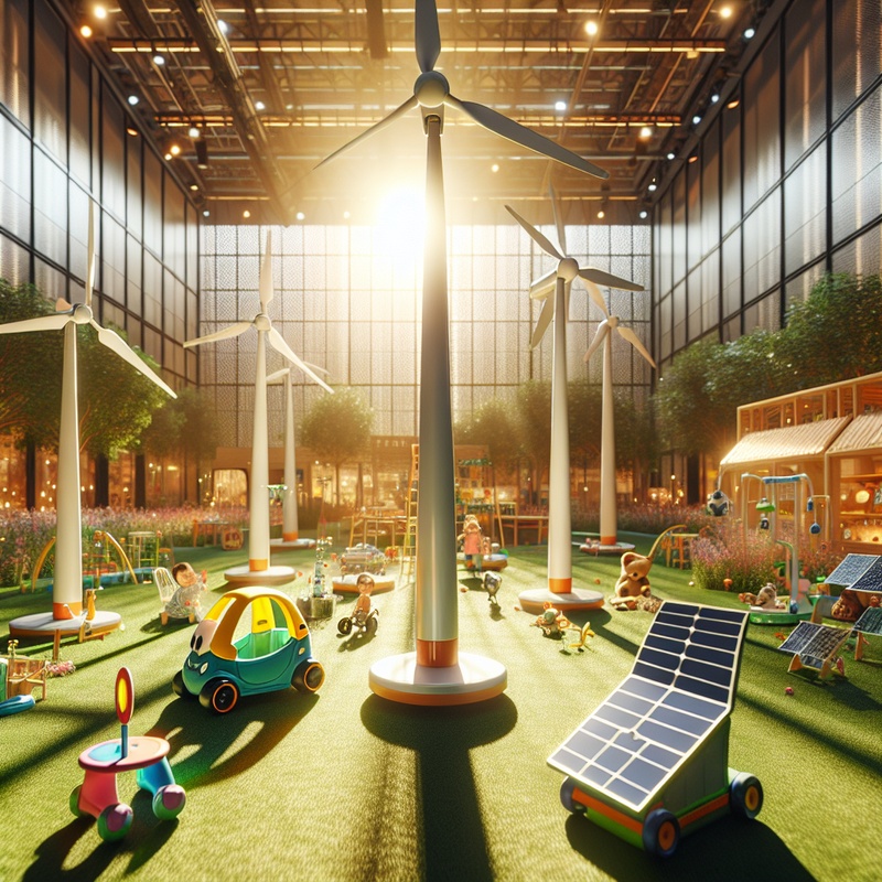 Play area with toy solar panels, wind turbines, and solar-powered cars.