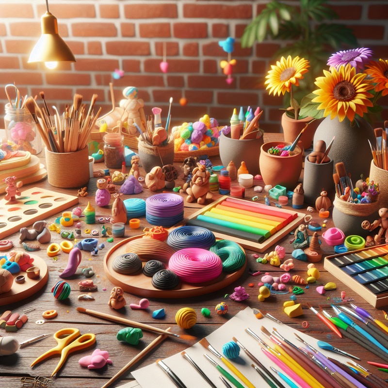 A child's art studio with various sculpting materials and tools on a table.