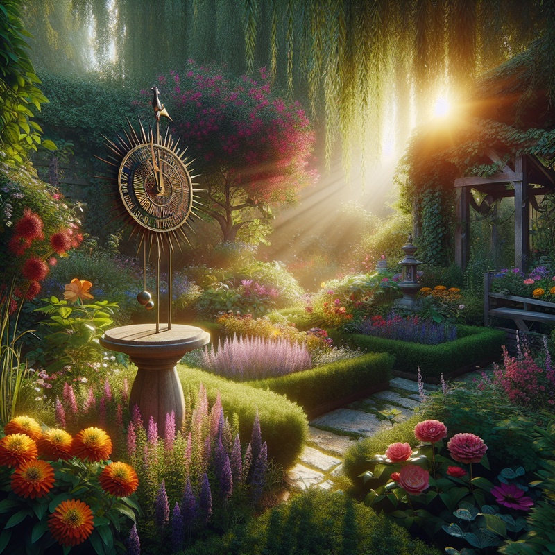 A garden scene with a sundial, bird feeder, and herb garden among flowers and greenery.