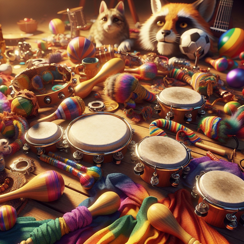 Musical instruments and playful props on a table.