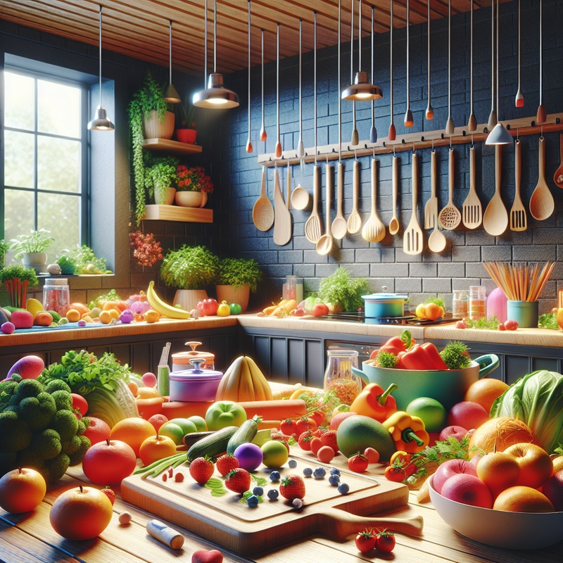 Colorful kitchen with fruits, vegetables, and child-safe cooking tools.