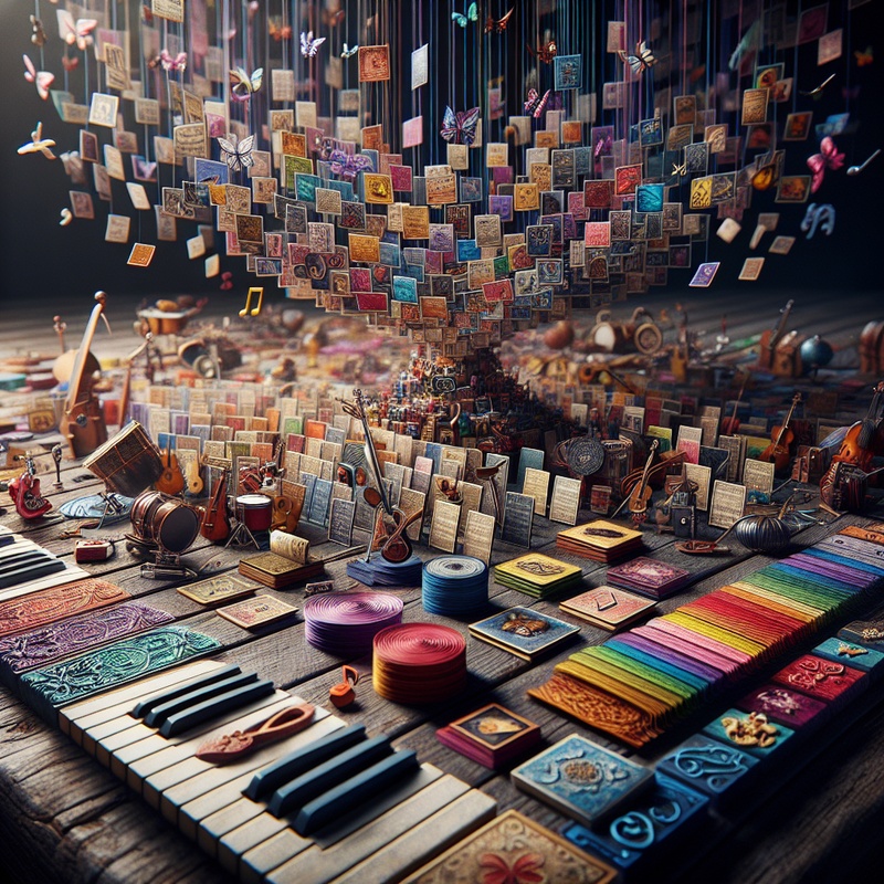 Colorful music cards on a table with musical notes and instruments.