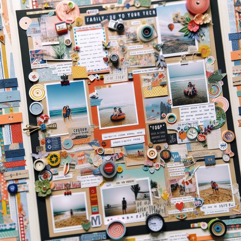 A scrapbook page with colorful decorations and family vacation photos.